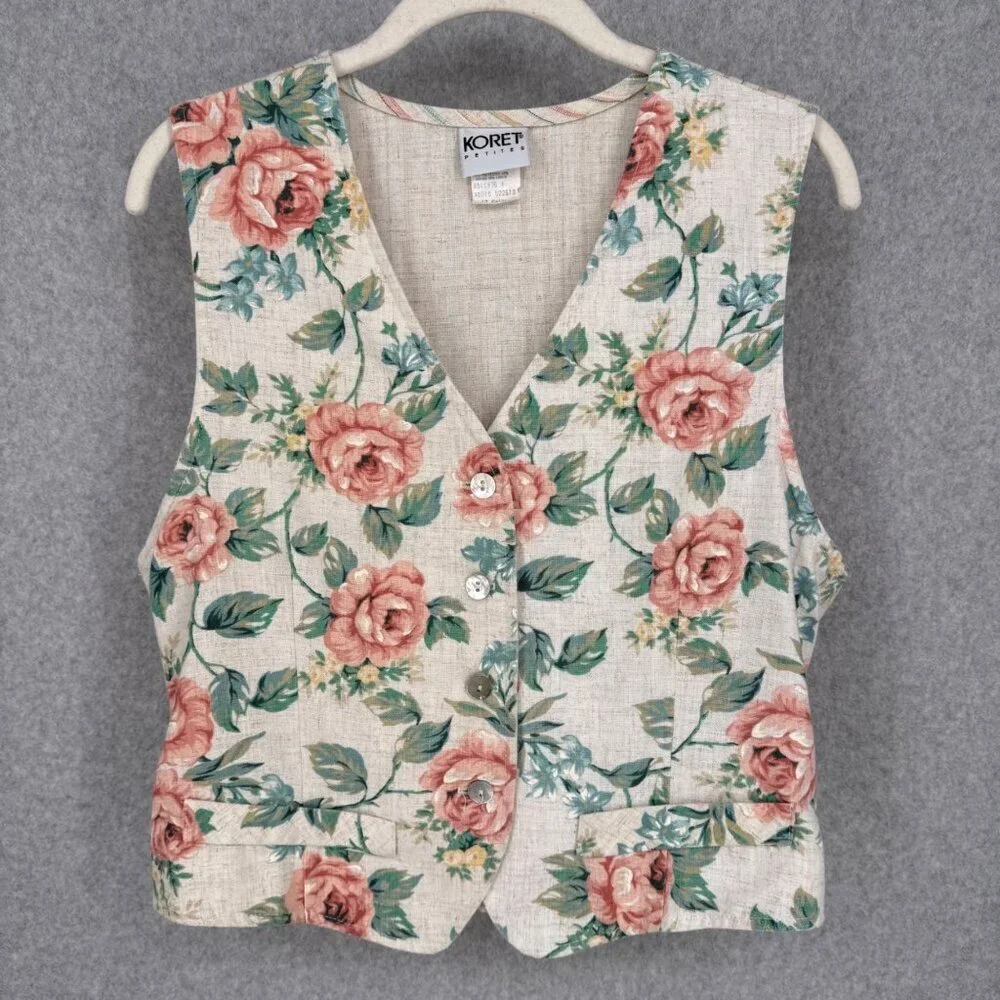 Koret Womens VTG Floral Button Front Vest Size 12 Petite Boho Chic Cabin Cottage